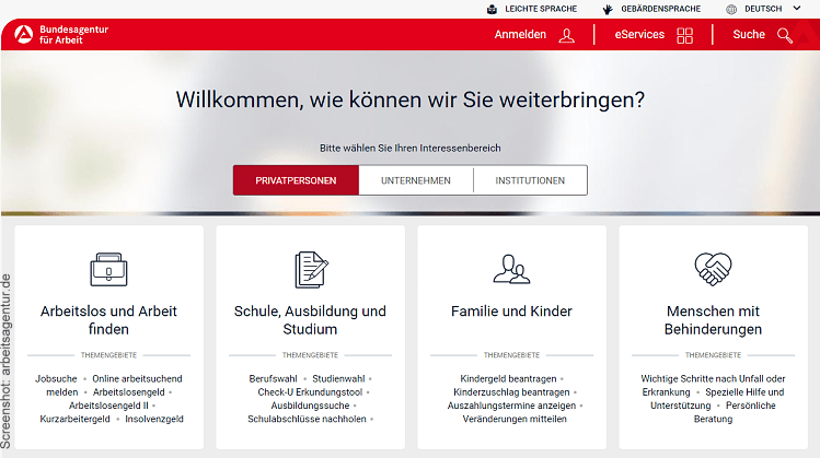 Arbeitsagentur Startseite (Screenshot)