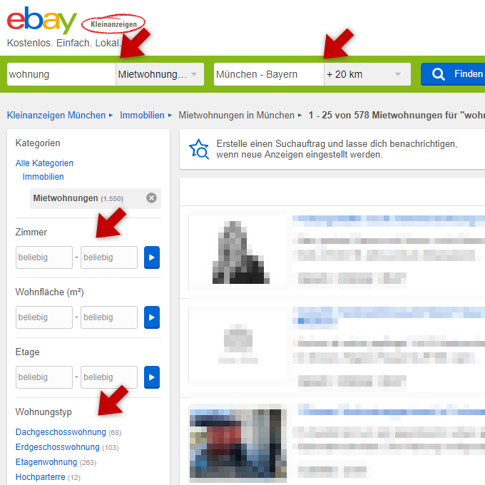 Screenshot: Ebay Kleinanzeigen - Mietwohnungen-Suche für München