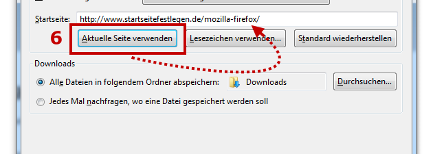 Aktuelle Seite als Startseite im Firefox festlegen