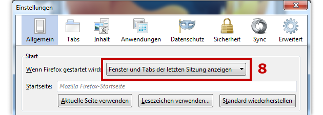 Firefox mit der letzten Sitzung starten