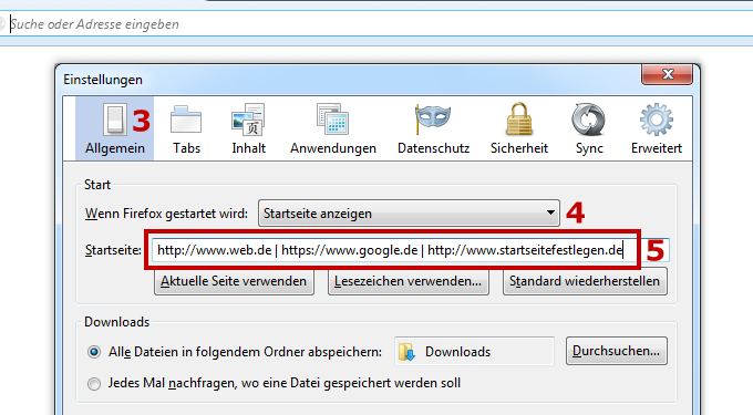 Firefox: Eine oder mehrere Startseite(n) festlegen