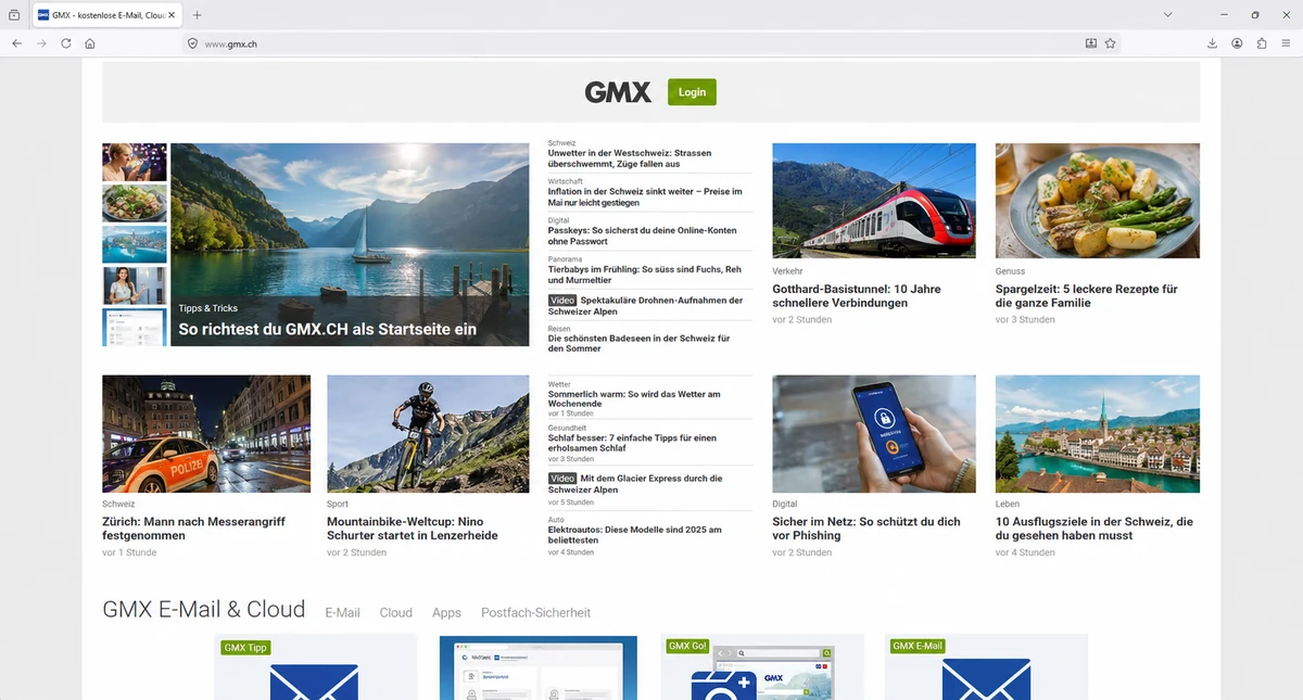 Startseite gmx.ch mit dem grünen Login-Button oben rechts