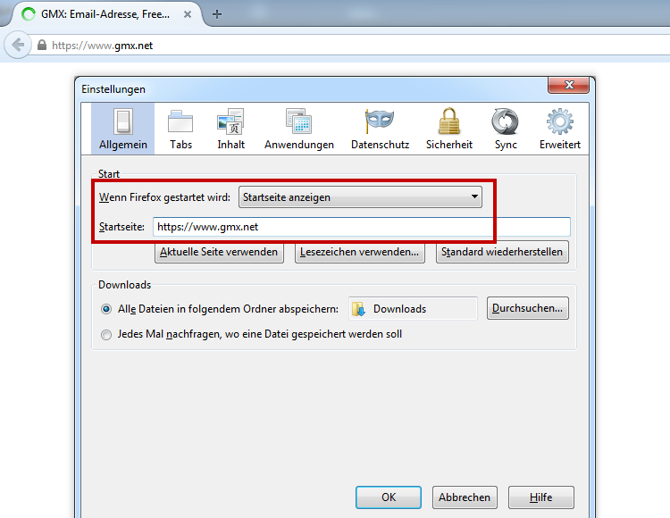 GMX als Startseite im Firefox festlegen
