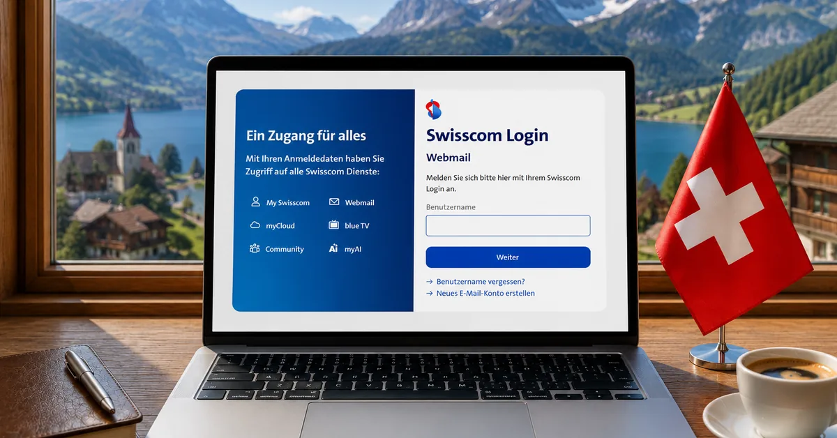 Bluewin Webmail-Login mit Schweizer Bergsee und Schweizer Flagge im Hintergrund