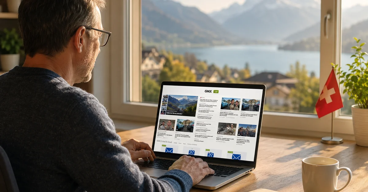 GMX Schweiz als Startseite - Laptop mit GMX-Portal vor Schweizer Bergsee