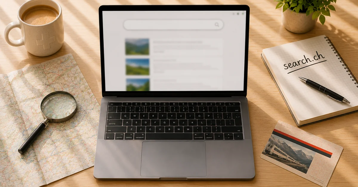 Search.ch Schweizer Suchmaschine als Browser-Startseite mit Schweizer Flagge im Hintergrund