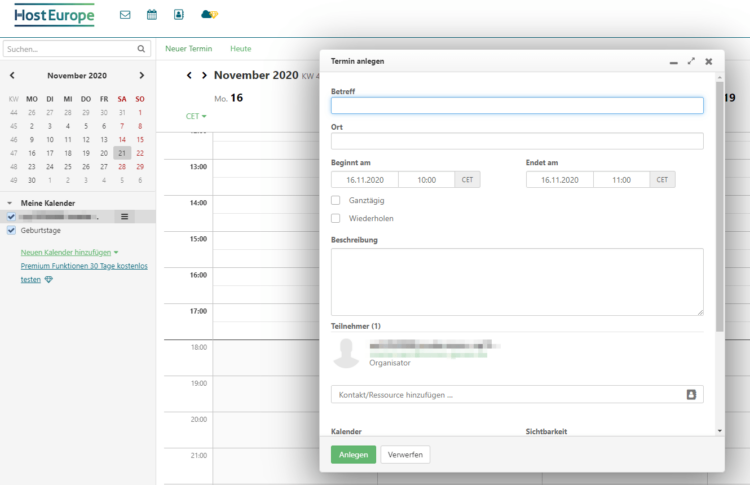 Hosteurope Kalender im Webmailer