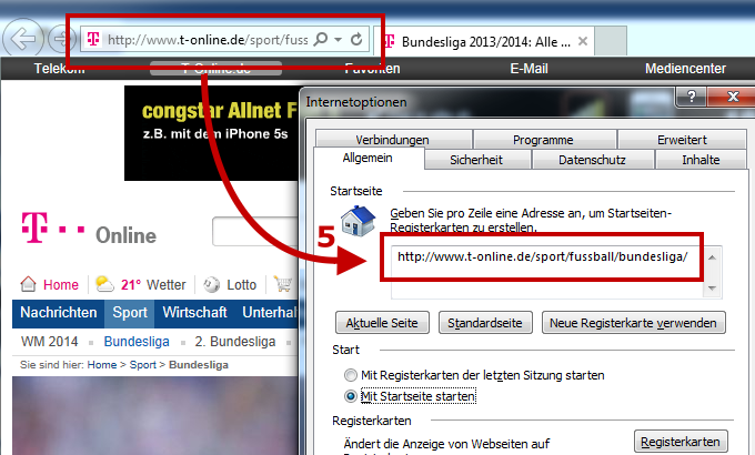 Portal t-Online als Startseite im Internet Explorer 11