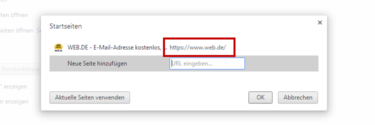 Web.de als Startseite einrichten, Screenshot: Google Chrome