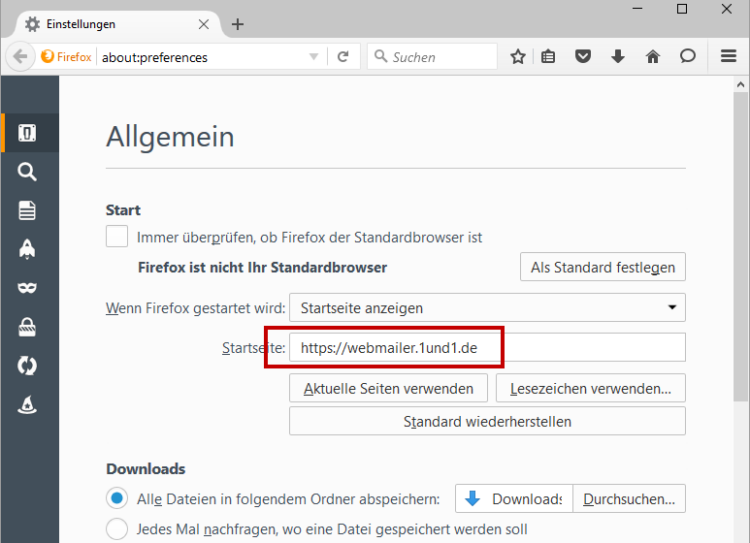 1und1 Webmail als Startseite einrichten (hier im Firefox)