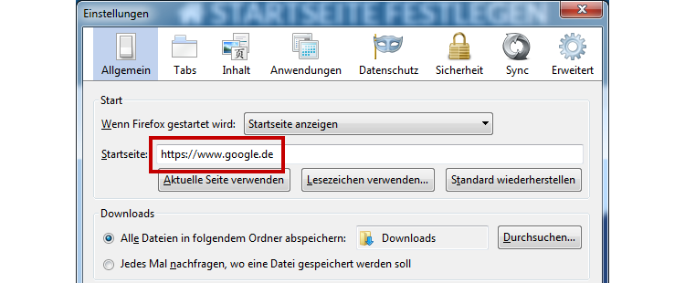 www.google.de als Startseite im Firefox einrichten